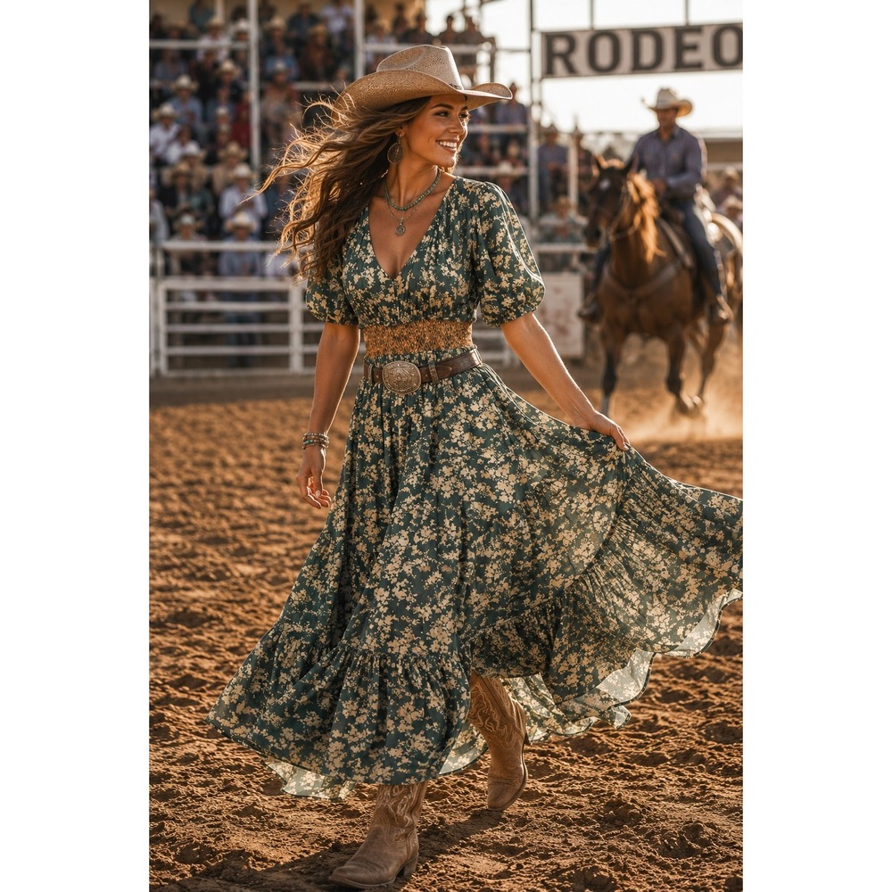 DEX Green Floral Gauze Maxi Dress Boho Western Romantic Cowgirl Cottagecore Sz L